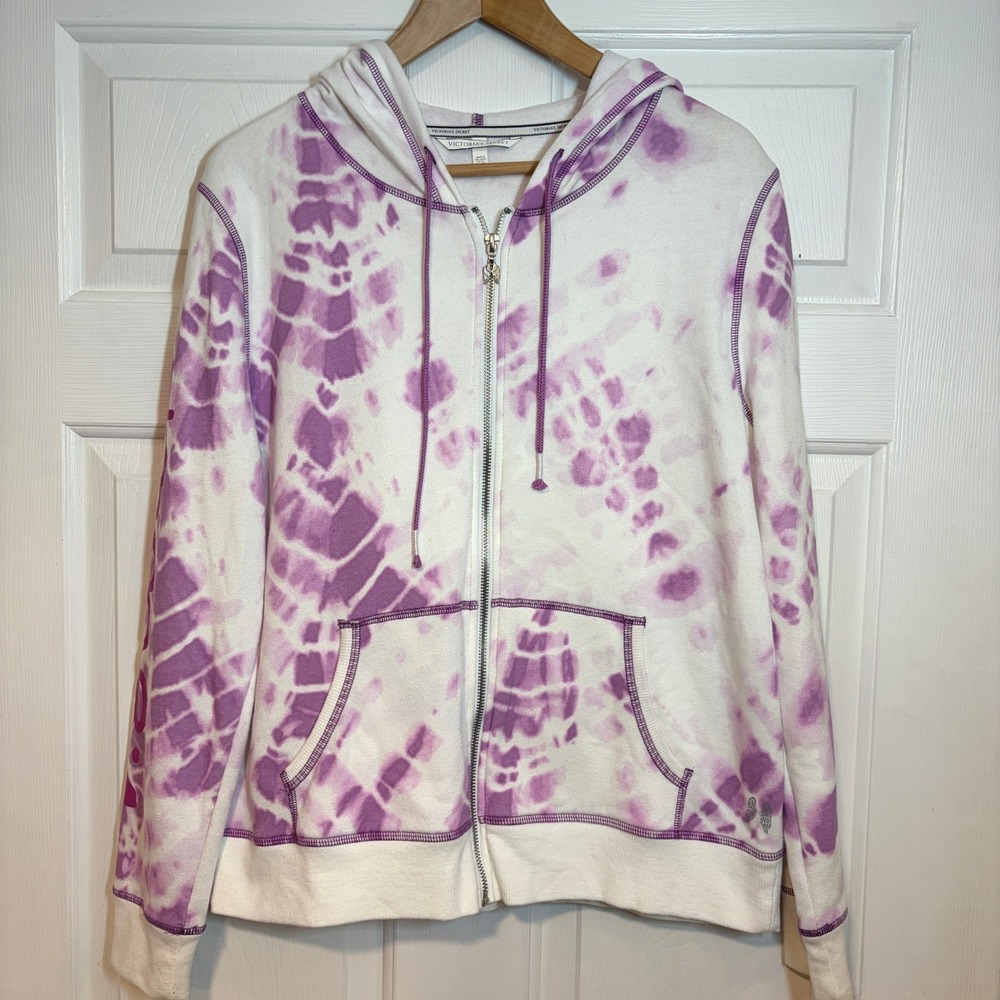 Victorias Secret Angels Full Zip Hoodie Purple White Tie Dye L Sweatshirt
